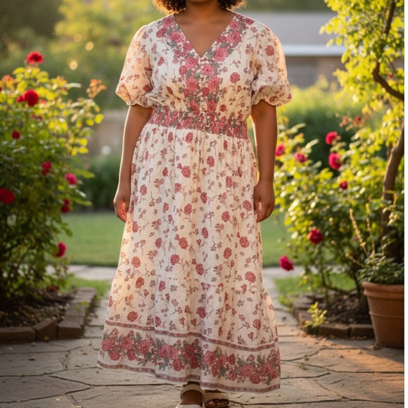 Lea Dresses & Skirts - Floral V-Neck Maxi Dress in Pink Cream